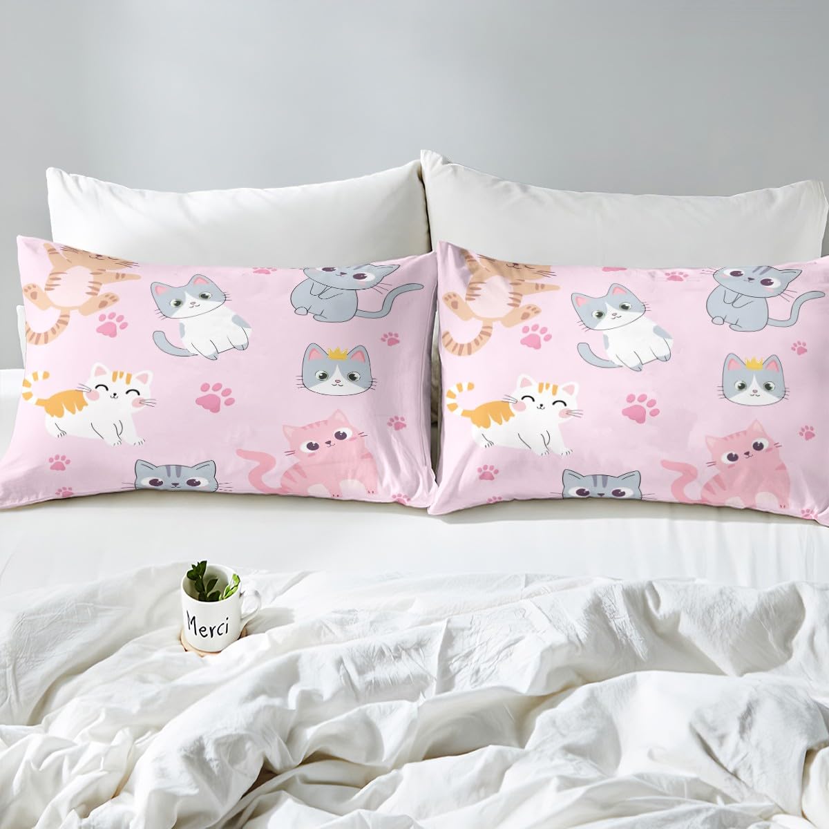 Erosebridal Kawaii King Size Sheets Cute Kids Girls Bed Set - Colorful Cat Print Fitted Sheet Set, Deep Pocket, Soft, Breathable Flat Sheet, 4 Pcs