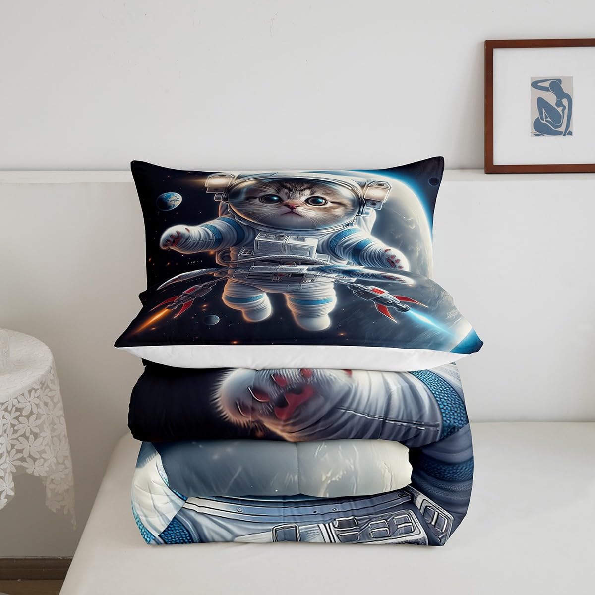 Erosebridal 3D Astronaut Cat Twin Bedding Sets for Girls Boys Kids Toddler,Outer Space Themed Cat Comforter Set Kawaii Room Decor,Rocket Ship Planet Bedding Set Universe Galaxy Quilt Bed Set 2Pcs