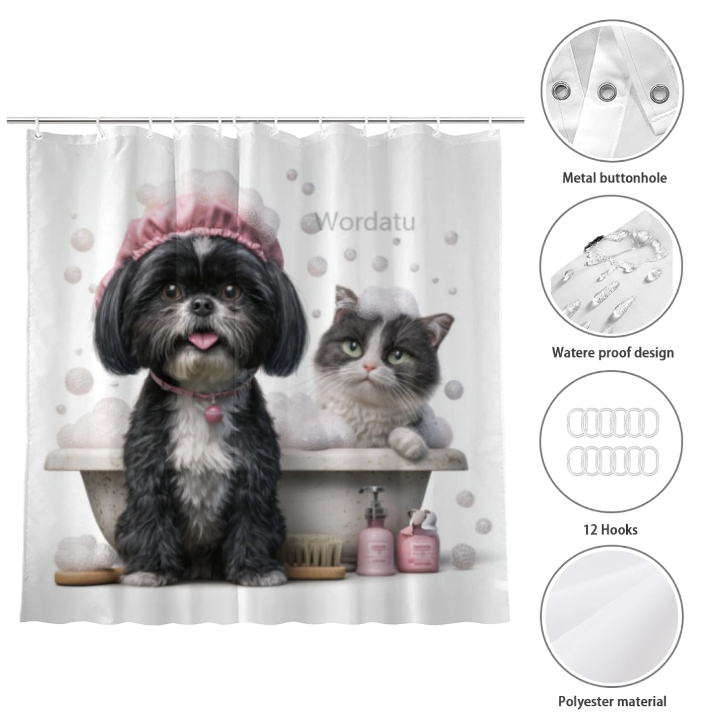 Wordatu Funny Black Shih Tzu Shower Curtain Decor Fabric Bathroom Curtains, Kids Children Cartoon Waterproof 72x72 inch with 12 Hooks