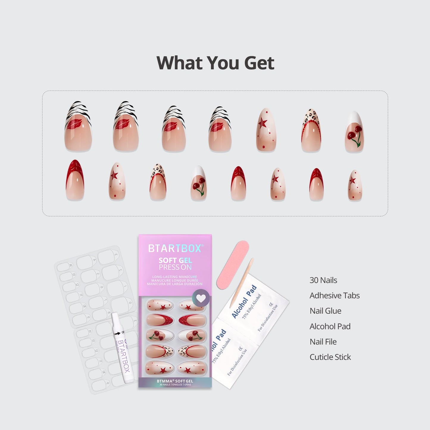 BTArtbox Press On Nails Almond - 3D Cherry Medium Red French Tip Press On Nails with Glue for Women, Opaque Soft Gel Glue On Nails in 15 Sizes - 30 Stick On Nails Kit, Pinky Swear