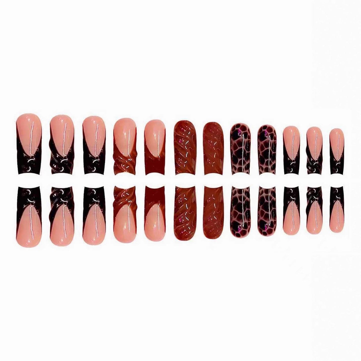 MISUD Press on Nails - Long Square Fake Nails with Red Black French Tip, Acrylic Tortoise Design 24 pcs