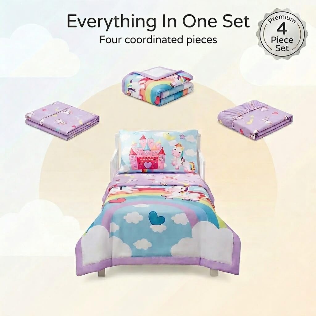 EVERYDAY KIDS 4 Piece Toddler Bedding Set - Unicorn Dreams - Includes Comforter, Flat Sheet, Fitted Sheet and Reversible Pillowcase