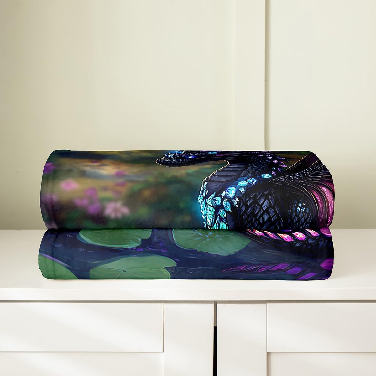 Feelyou Dragon Plush Throw Blanket Queen 90"x90" Dragon Stuff Flannel Fleece Blanket for Boys Girls Teens Wild Life All Season Bed Blanket Lotus Flower Blanket Room Decor Green Purple