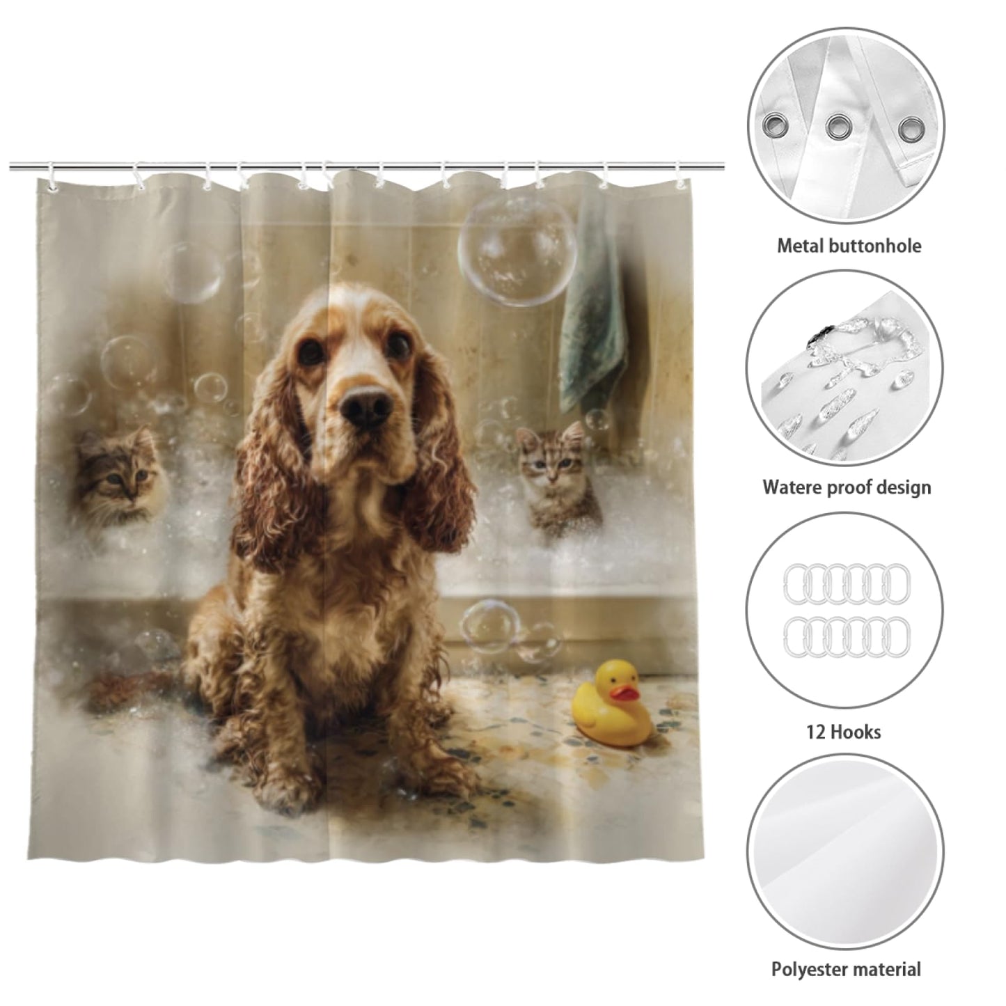 Wordatu Cocker Spaniel Shower Curtain Bathroom Set 72X72 Inches Funny Cat Lovely Animals in Bathtub for Boys Bath Farmhouse Art Home Decor Fabric 12 Hooks