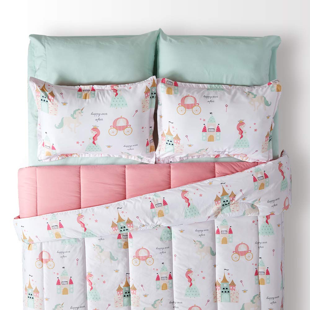 SLEEP ZONE Kids Twin Bedding Comforter Set - Super Cute & Soft Kids Bedding Bed in a Bag 5 Pieces Set with Comforter, Sheet, Pillowcase & Sham (Princess Castle)