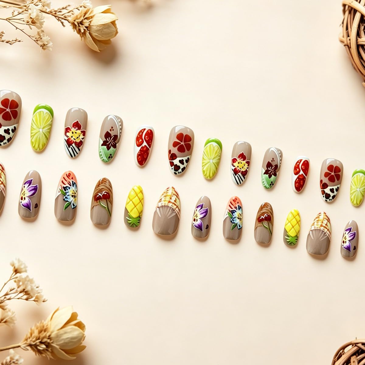 3D Press On Nails Almond Medium French Fake Nails with Embossed Flower&Fruit Summer Designs, Acrylic Artificial Nail Press ons False Stick On Nails for Women Girls 30Pcs