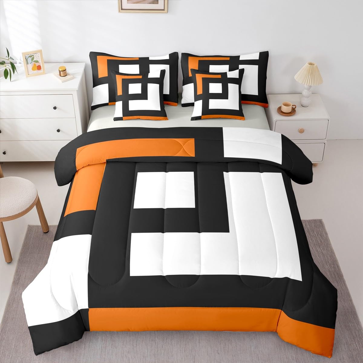 Erosebridal Blue Black and White Striped King 7-Piece Bedding Set for Adult Women Men Square Abstract Comforter Set Modern Geometric Stripes Bold Lines Bed in a Bag Plaids Bed Collections