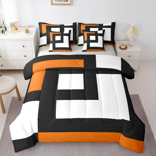 Erosebridal Blue Black and White Striped King 7-Piece Bedding Set for Adult Women Men Square Abstract Comforter Set Modern Geometric Stripes Bold Lines Bed in a Bag Plaids Bed Collections