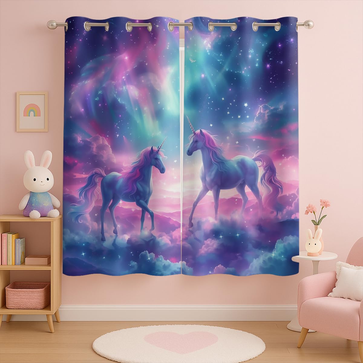 Fantasy Unicorn Blackout Curtains for Girls Boys Kids Teens Home Decor, Cute Starry Sky Stars Galaxy Grommet Thermal Insulated Drapes Darkening Window Curtain for Bedroom Living Room, 42 x 45 Inch