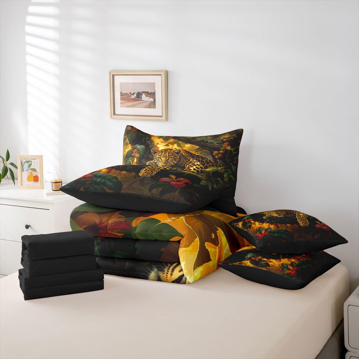 Feelyou Leopard Comforter Set with Sheets 7 Piece Queen Size Cheetah Print Bedding Set for Kids Boys Girls Wild Animal Bed in a Bag Safari Room Decor Soft Microfiber