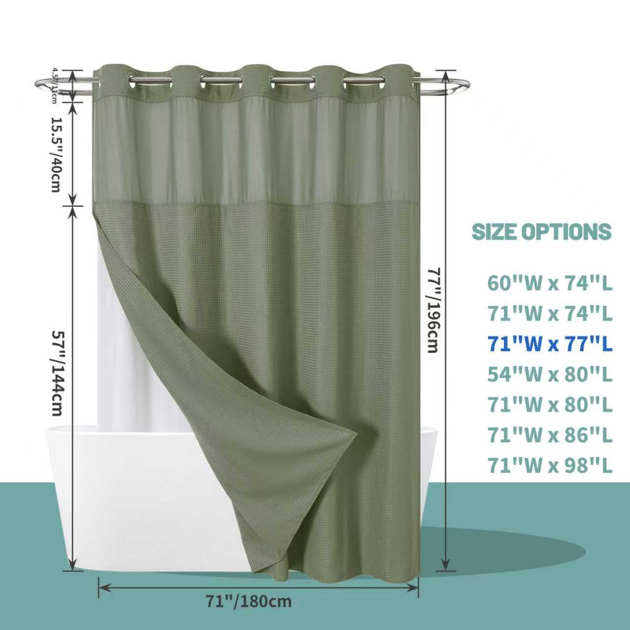 eachope SageGreen No Hook Waffle Weave Shower Curtain with snap-in Liner Replacement, 230GSM Waterproof Fabric Hotel Shower Curtain Set for Bathroom, Through Mesh Top Window,71Wx77H