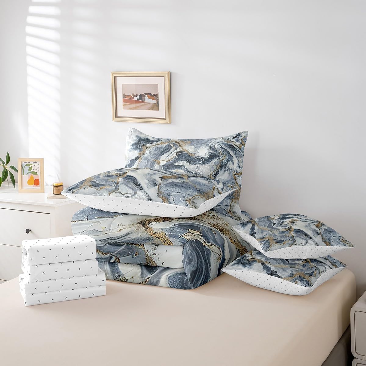 Erosebridal Marble 7 Pcs Comforter Set Queen Size Ink Fluid Bedding Modern Marbling Art Bed in A Bag for Boys Men Teens Luxury Stone Liquid Blue Gold Abstract Bed Set