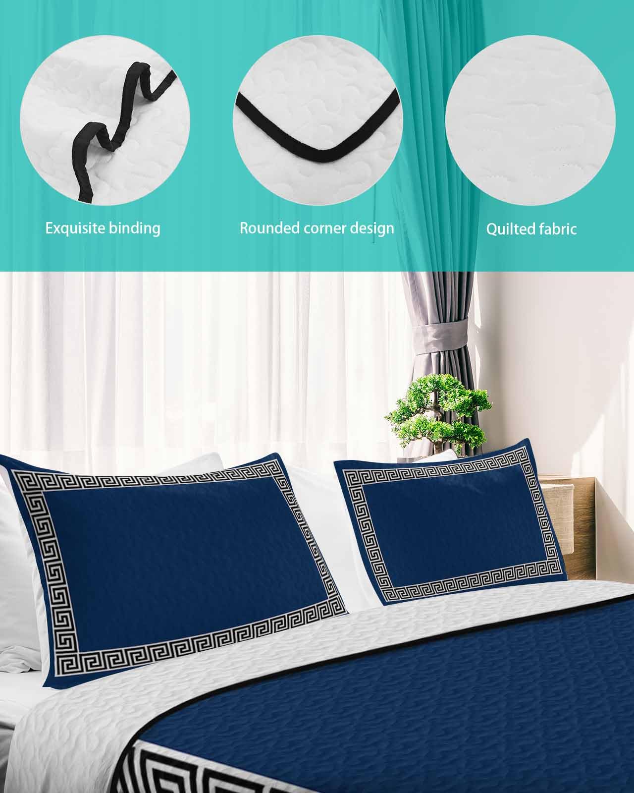 Quilt Sets King Size Geometric Greek Key Design Comforter Set Lightweight Soft Bedspread Coverlet Navy Blue Quilted Bedding Set with 2 Pillowcases Thin Comforter Bed Cover for All Season 98x106