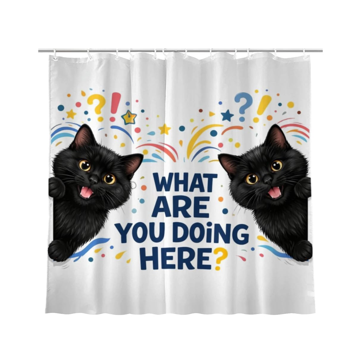 LFINKARTGOGO Funny Black Cat Shower Curtain 72x72 with 12 Hooks What are You Doing Here Waterproof Washable Polyester Bath Curtain for Home Hotel Decor