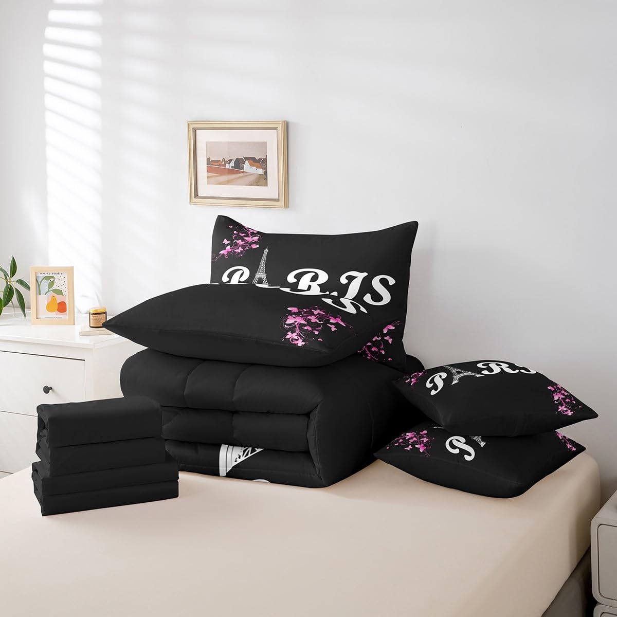 Erosebridal Paris Comforter Set 7 Piece Bed in a Bag Twin,Eiffel Tower of France Bedding Sets Romantic City Building Comforter and Sheet Set,Pink Flowers Bed Set