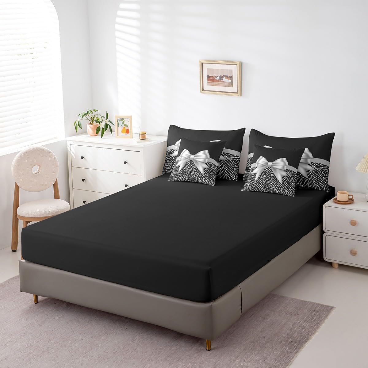 Feelyou Silver Bowknot 7 Piece Bedding Set Queen Size Glitter Print Comforter Set with Sheets for Kids Girls Adult Cute Bowknot Bed in a Bag Black Silver Bed Set