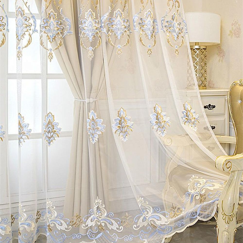 Amidoudou 1 Pair European Double Layer Curtains with Valances for Living Room Luxury Jacquard Curtains for Bedroom (Beige,54x90 Inch)