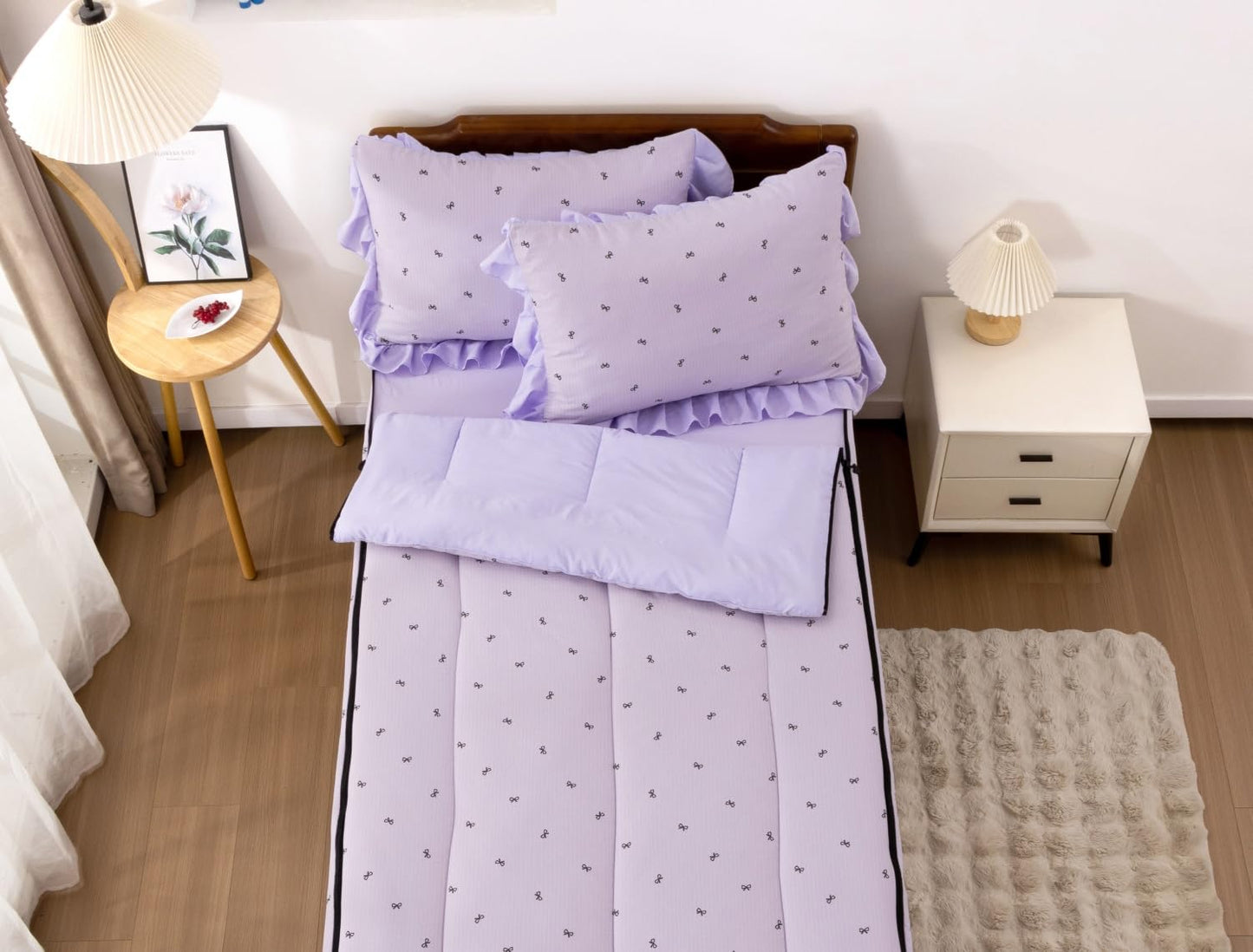 Meeting Story 3pcs Kids Comforter Set Zip up Bedding Set for Girls,Twin Kid Bedding Set Bow Comforter Set for Kid,All in one Zipper Bedding（Lightpurple,Twin）