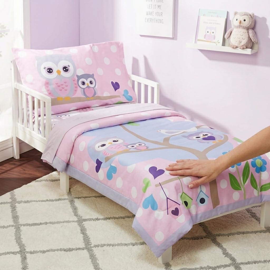 EVERYDAY KIDS 4 Piece Toddler Bedding Set - Owls - Soft 100% Cotton Percale - Includes Comforter, Flat Sheet, Fitted Sheet and Reversible Pillowcase