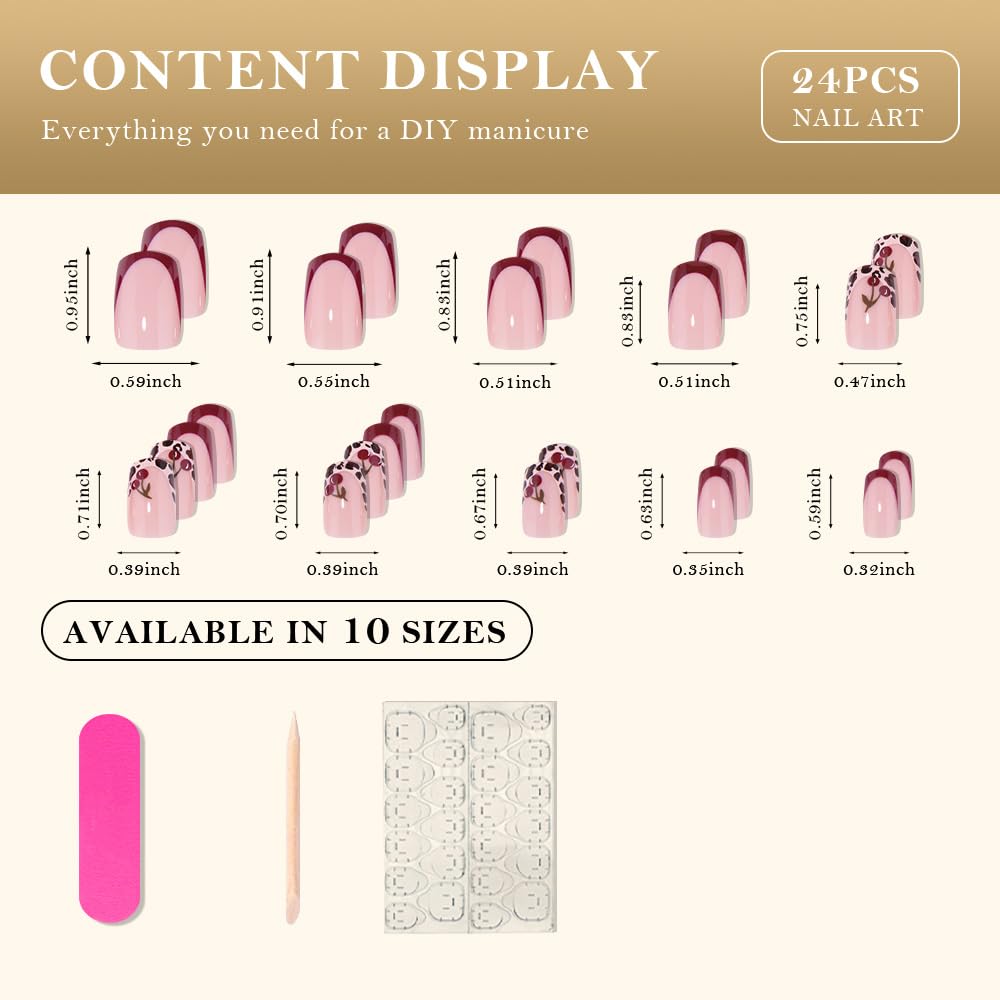 evpct Spring & Summer Press on Nails Medium Square No Glue, Cherry Fake Nails Press ons with 3D Pattern Design, Light Weight Perfectly Fit Fake Nails for Women Gift, Fake Nail Kit with Kits, 24Pcs