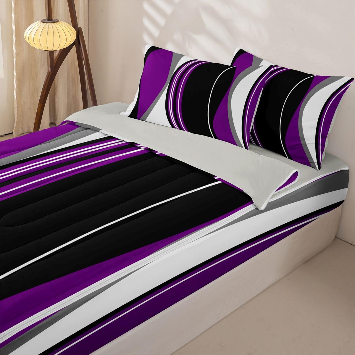 Erosebridal Purple Black Abstract Zipper Bedding Grey Modern Striped Twin Size Comforter Set Geometric Stripes Lines Sheets and Pillowcases Contemporary Art Boho Zipper Bedding Set Room Decor