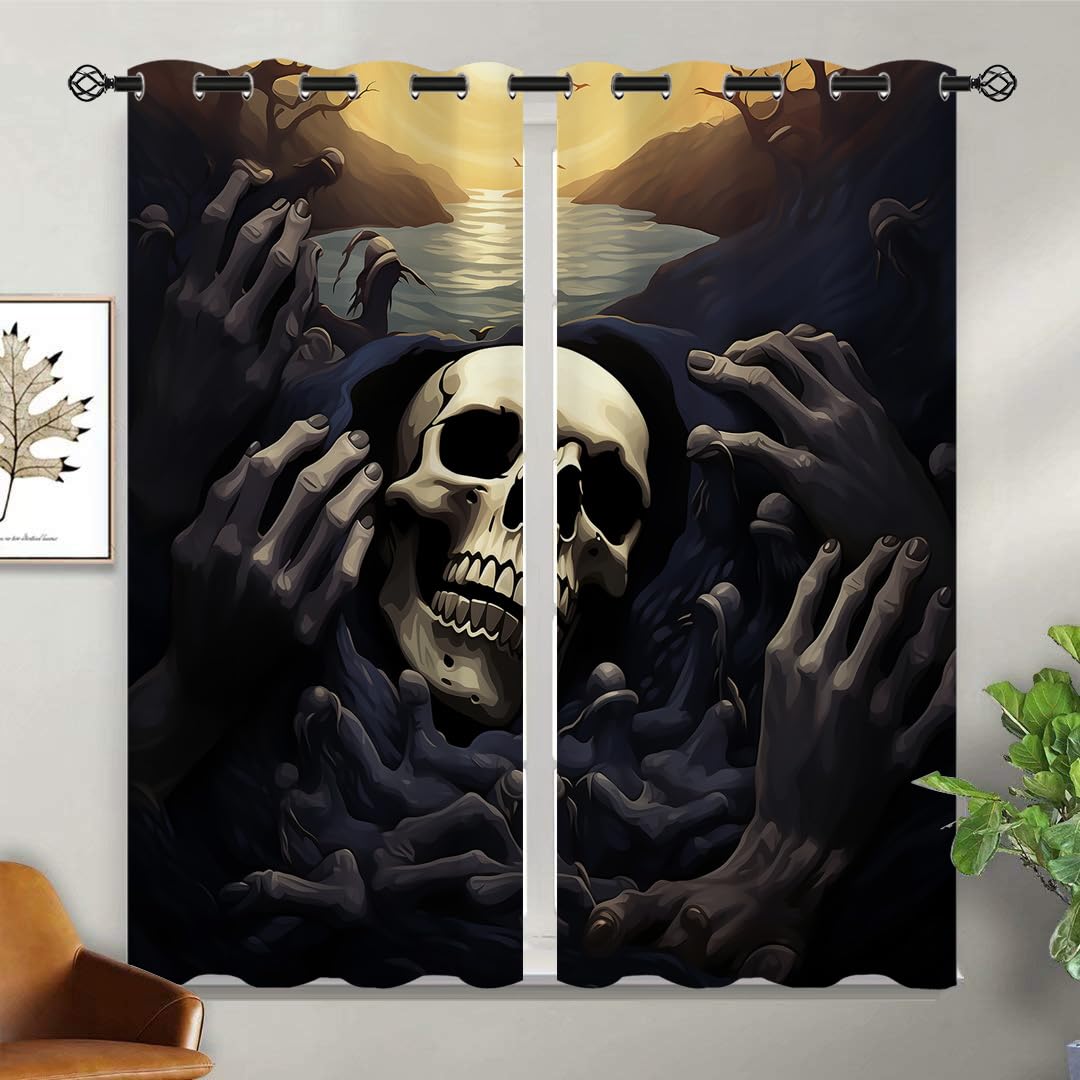 ONINUO Horror Skull Blackout Curtains for Girls Boy Home Decor, Halloween Gothic Dead Spooky Grommet Thermal Insulated Drapes Darkening Window Curtain for Bedroom Living Room, 42 x 45 Inch
