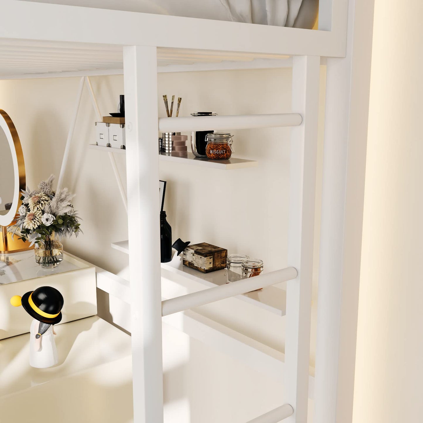 ikalido Metal Loft Bed Twin Size with Safety Guardrail and Ladder, No Box Spring Needed Space Saving Bedroom Furniture,Cream White