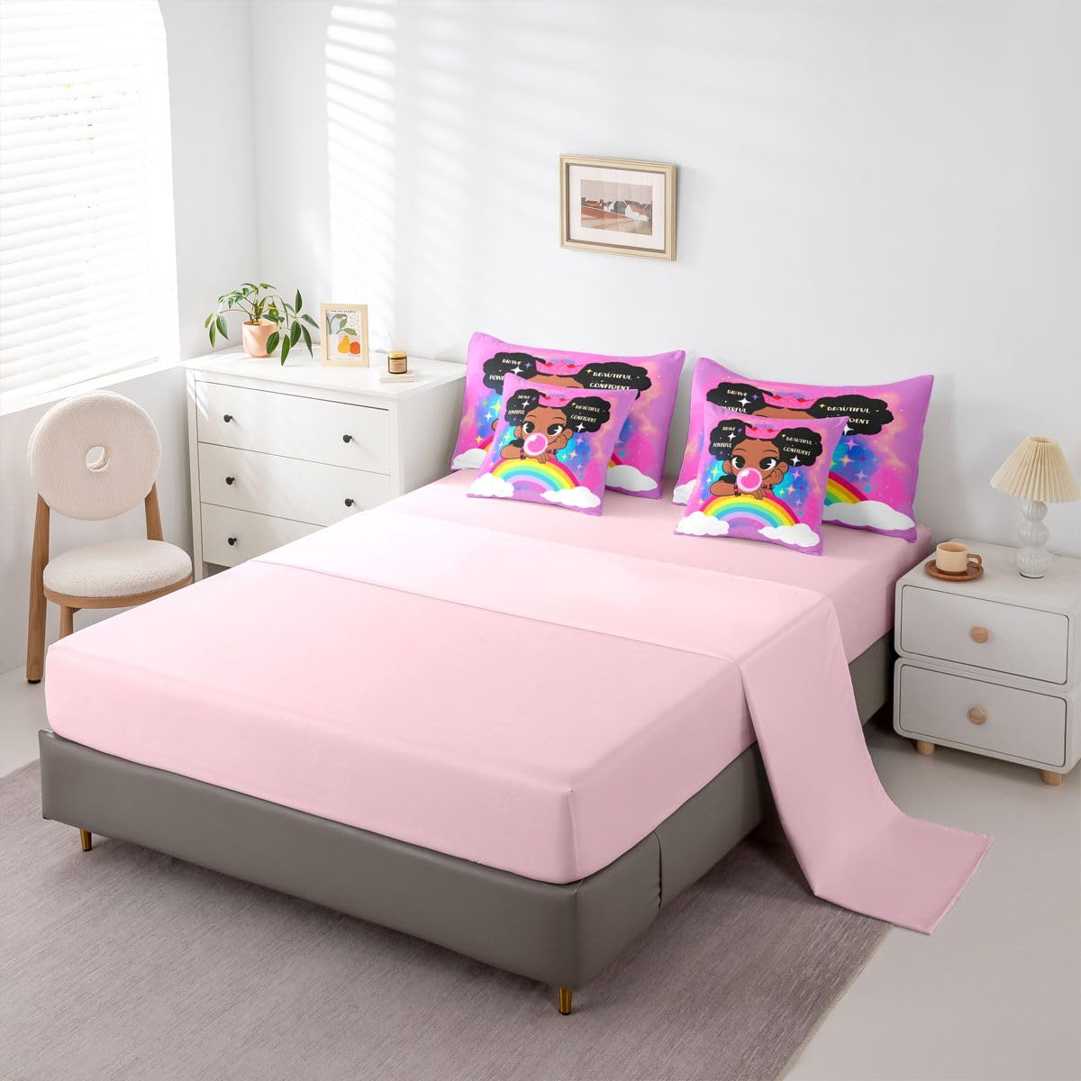 Erosebridal Black Girls Magic Queen Bedding Set Coloful Rainbow Comforter Set with Flat and Fitted Sheet Teen Kids Trendy Glitter Stars Print 7-Piece Bed in a Bag Empowering Quote Quilt Sets