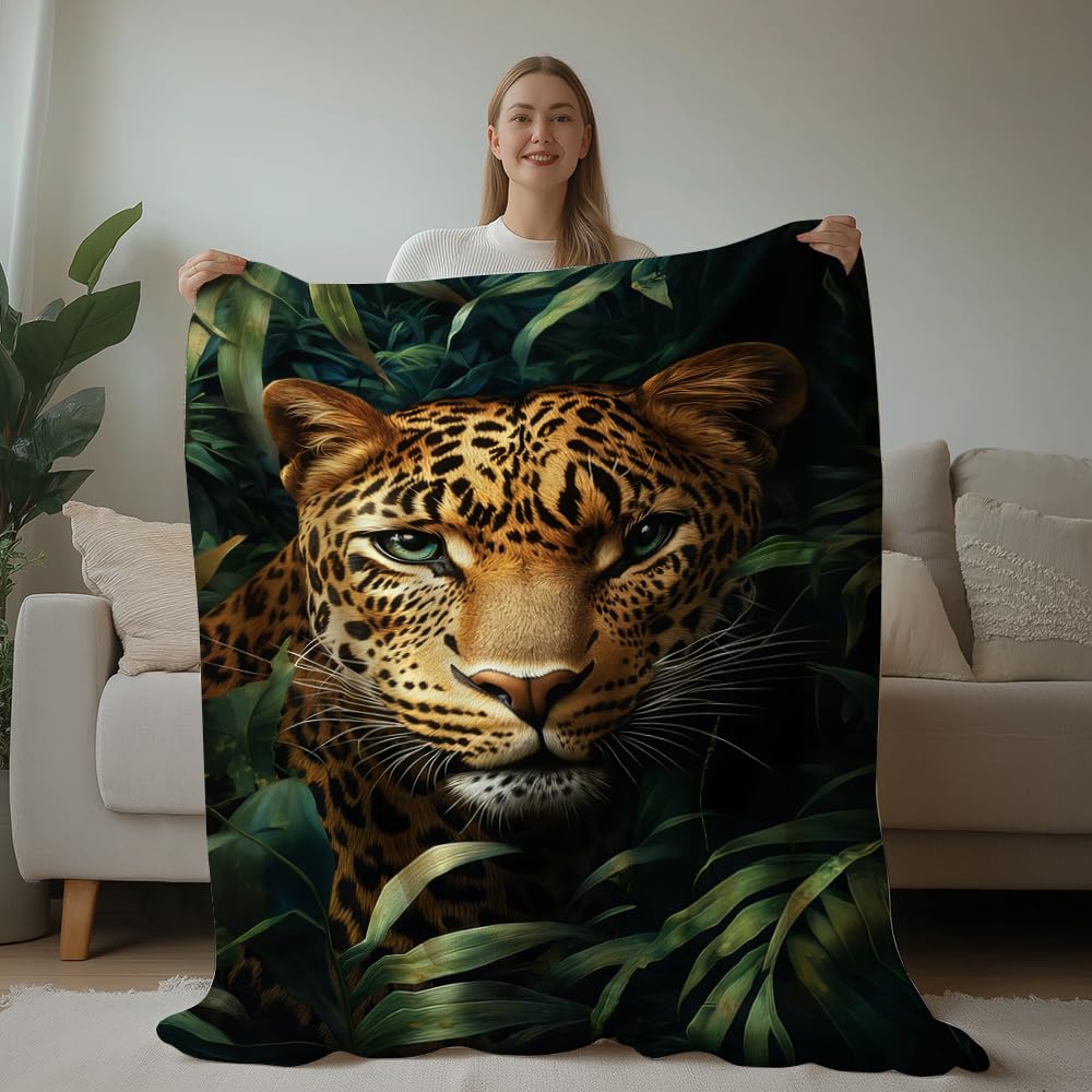 HUNXIAOJ Leopard Throw Blanket Animal Print Blanket Cheetah Gifts for Kids Warm Soft Flannel for Girls Boys Woman Teens Adults Bed Sofa Couch (49in x 59in)