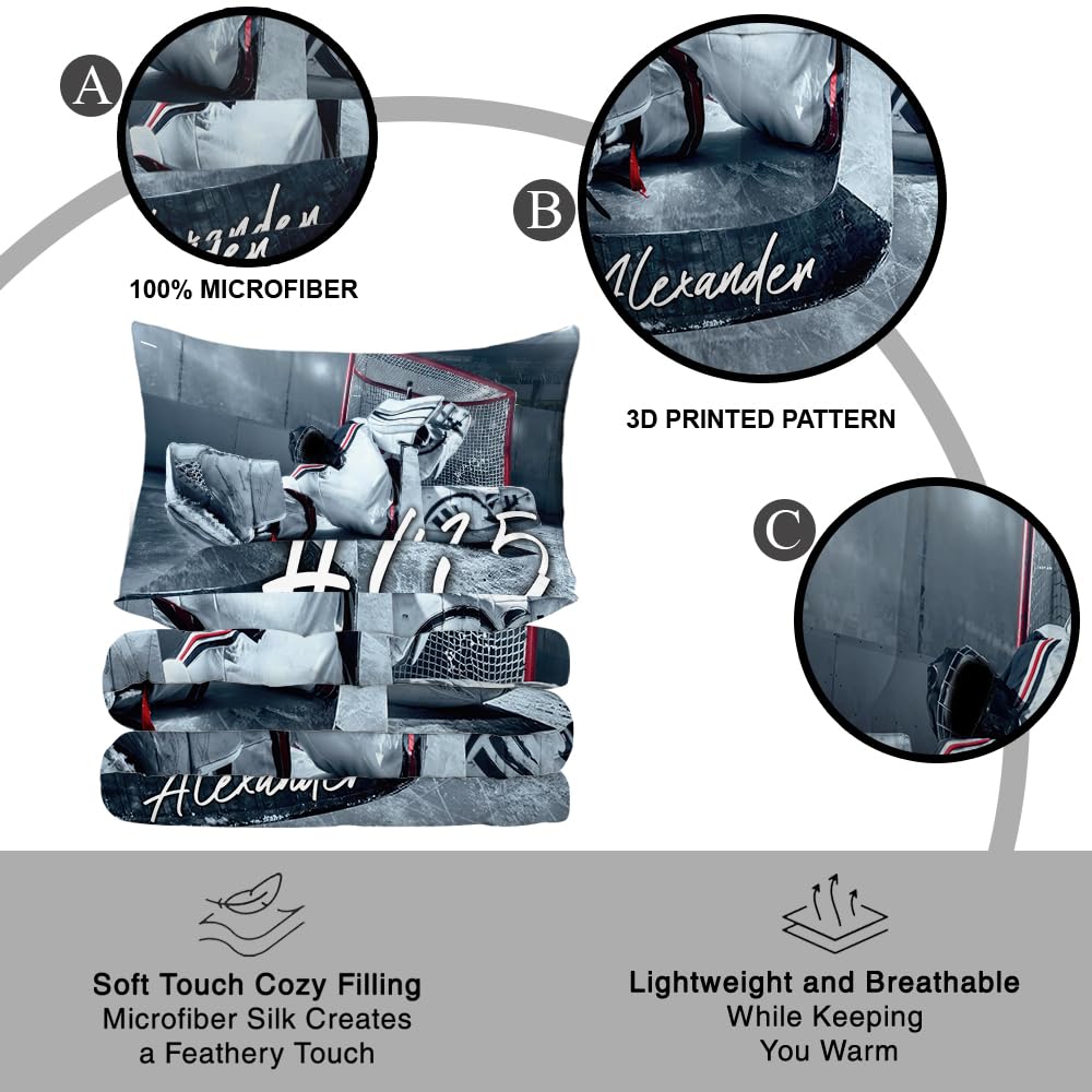 WAZARO Personalized Hockey Comforter Set, Hockey Bedding Twin Full Queen King, Hockey Blankets for Boys Ice Hockey Tapestry Down Comforters Hockey Bedroom Decor (Ice Hockey Goalie)