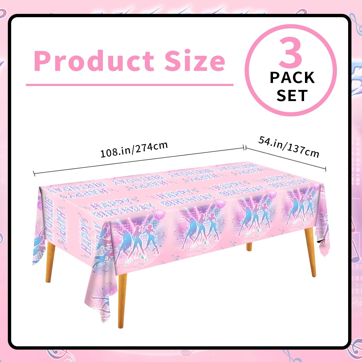 Gilyaoic Disposable Music Party Tablecloth, Plastic Magical Music Themed Disposable Plastic Table Covers, 3 PCS, 108”x54”