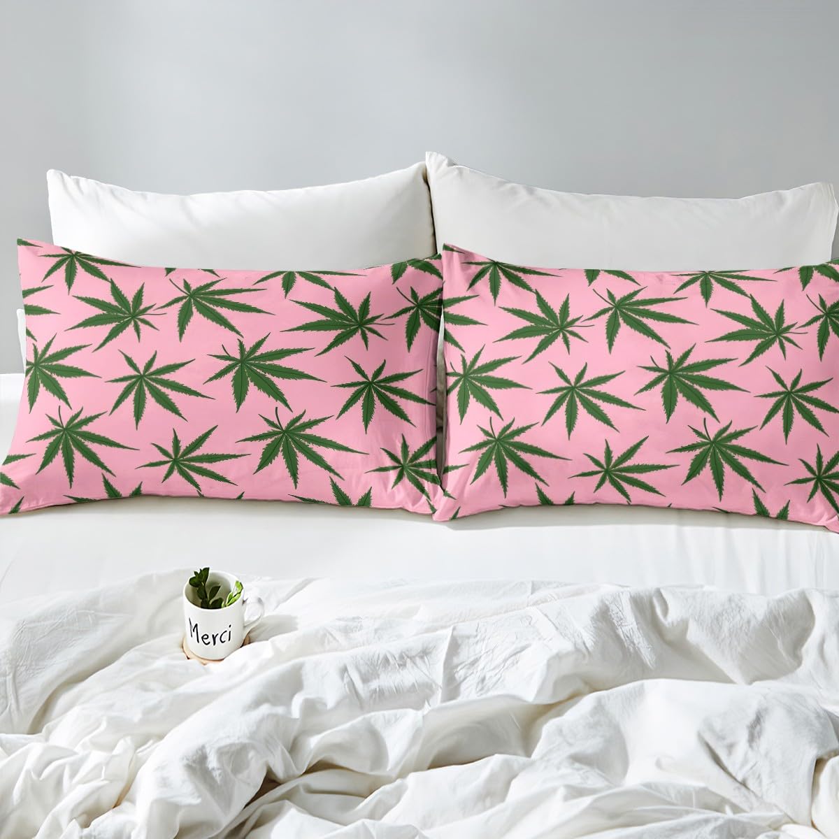 Feelyou Marijuana Leaf Bed Sheets Pink Cannabis Leaves Bed Sheet Set for Girls Women Adults Marijuana Weed Green Leaf Bedding Set Botanical Hemp Fitted Sheet Bedroom Collection 3Pcs Full Size