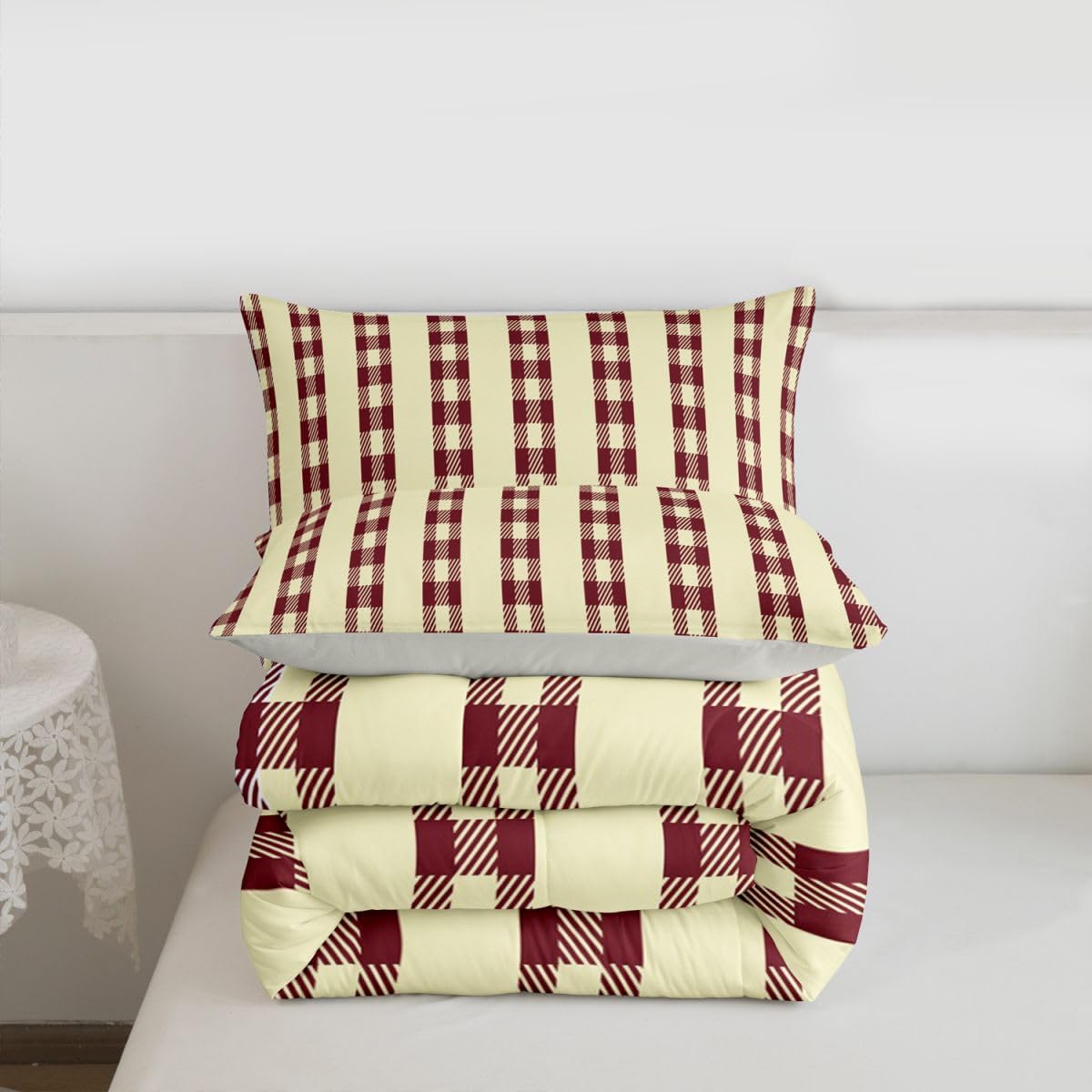 jejeloiu Red Brown Plaid Comforter Set All Season Stripes Bedding Set with 2 Pillow Cases Check Checkered Microfiber Kids Queen Bedclothes Grid Geometric Bedroom Decor Duvet Quilt Breathable Soft