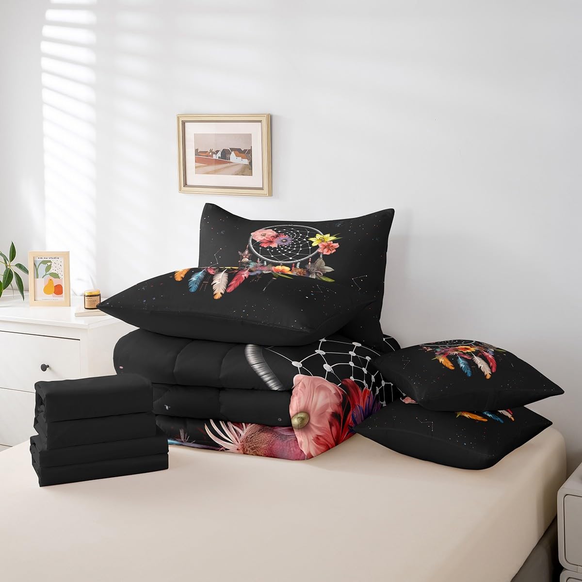 Erosebridal Bohemian Dream Catchers 7 Piece Comforter Set Full Bed in a Bag,Colorful Feather Floral Bedding Sets Flowers Dreamcatcher Sheet Set with Comforter
