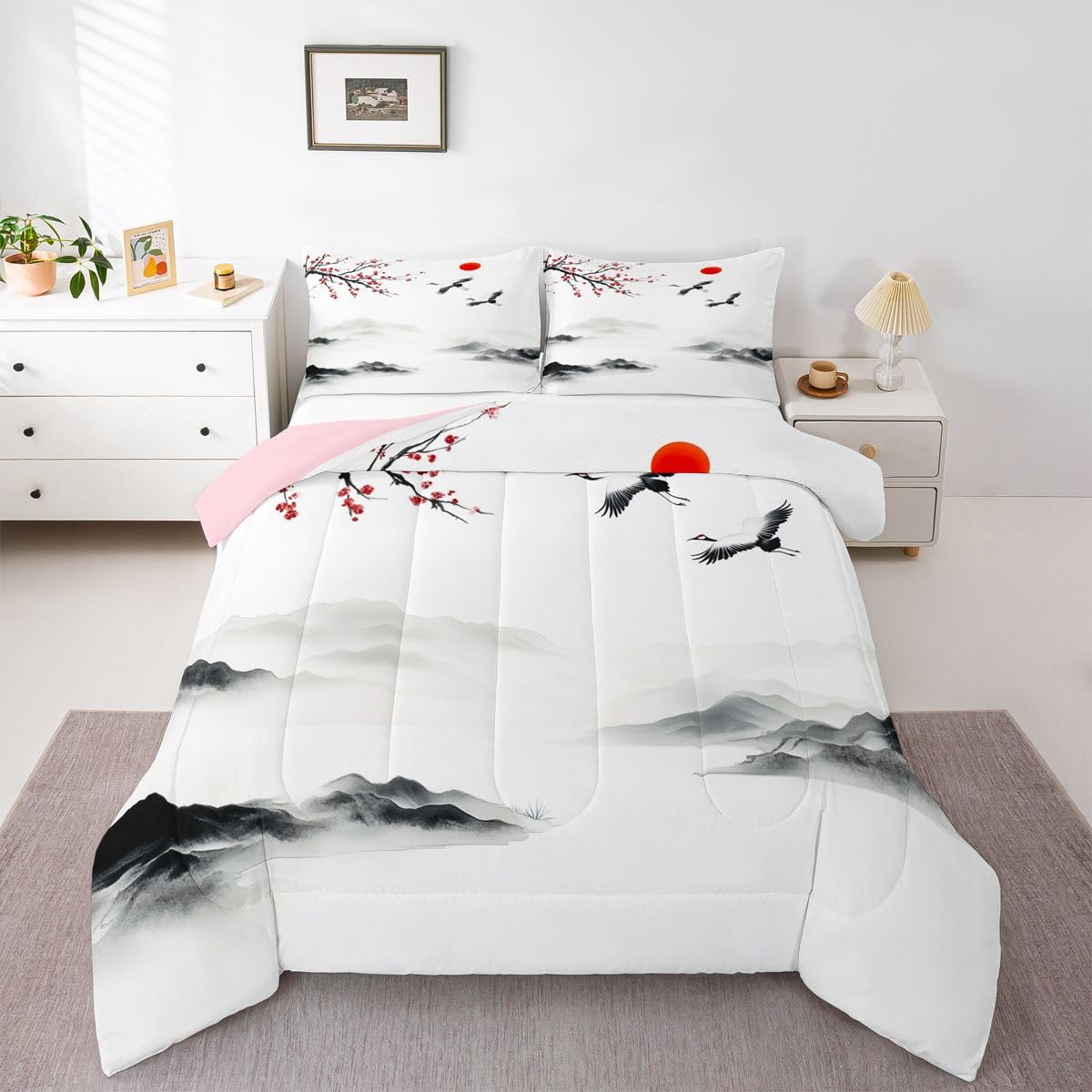 jejeloiu Chinese Ink Painting Kids Comforter Set Queen Size Japanese Style Bedding Set Cherry Blossom Duvet Quilt for Kids Boys Girls Bedroom Mountain Red Sun Decor Microfiber Ultra Soft Breathable