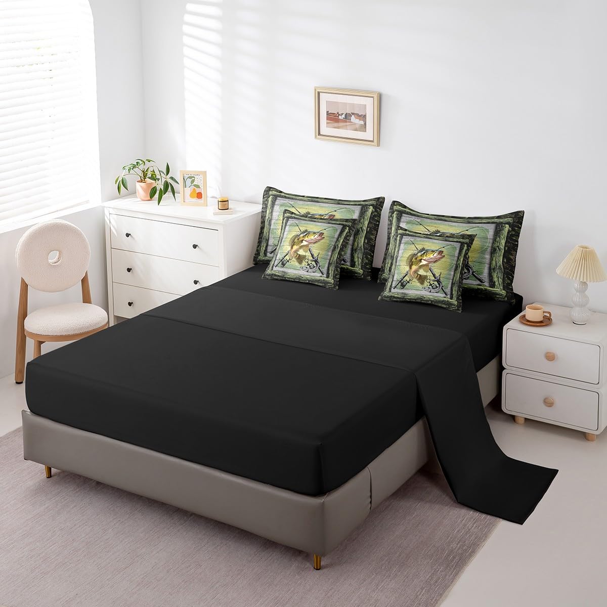 Feelyou Fishing and Hunting 7 Pieces Bedding Set Queen Size,Pike Fish Bed in a Bag Set Decor,Bass Big Fish Bed Set Includes Comforter, Sheet Set, Pillowcases Rustic Wooden Bedroom Green