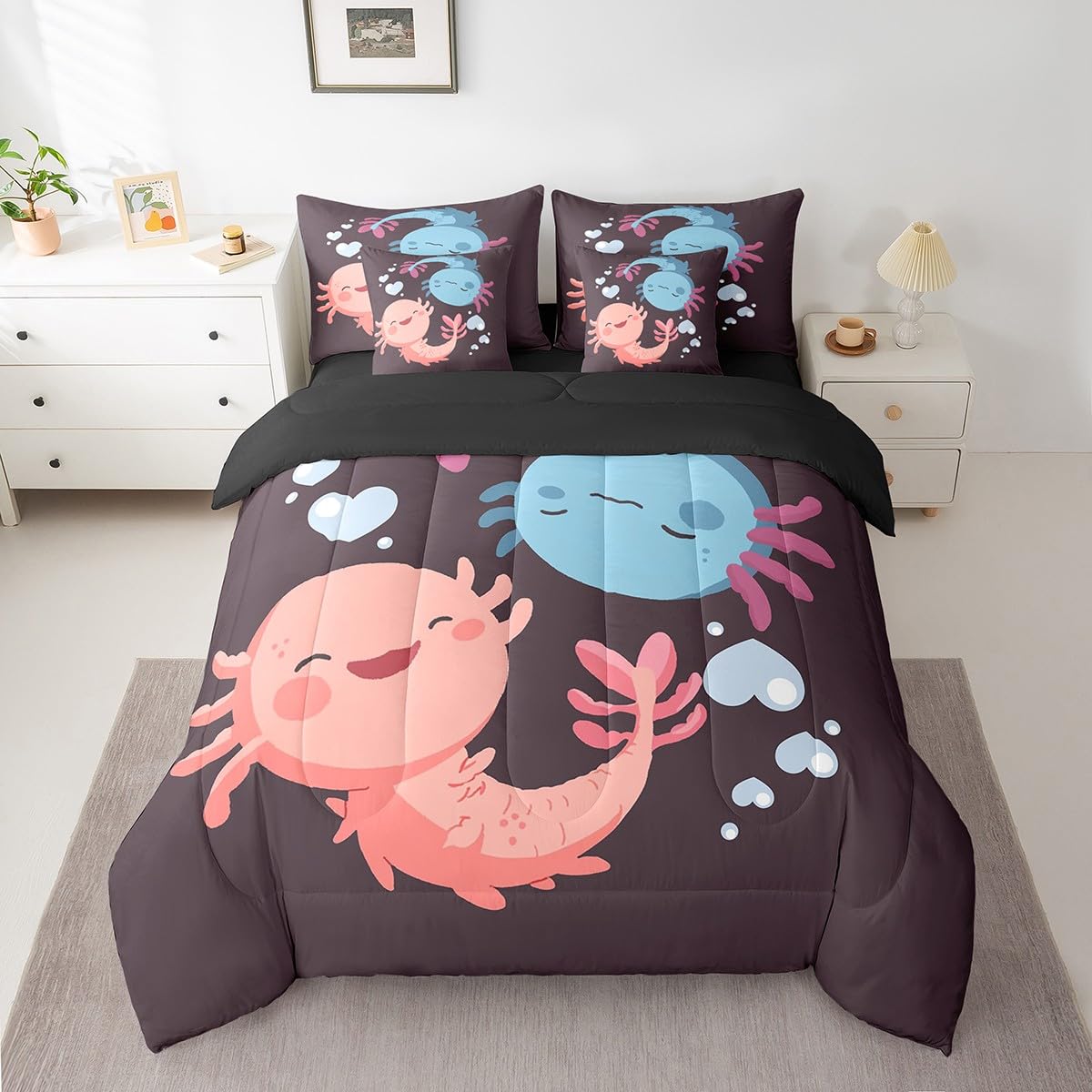 Erosebridal Kawaii Comforter Set 7 Piece Bed in a Bag Twin,Cute Cartoon Axolotl Bedding Sets Sealife Wildlife Reptile Comforter and Sheet Set,Lovely Nautical Sea Animal Pet Bed Set