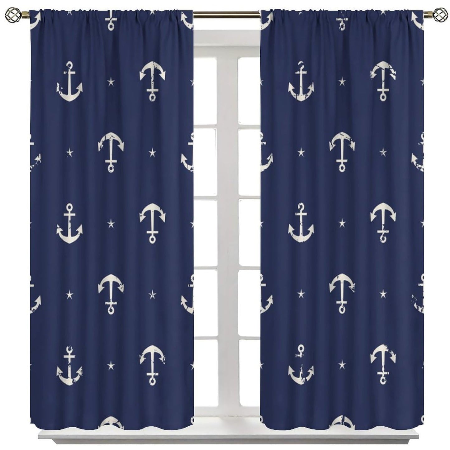 DKMQQUL Nautical Anchor Blackout Curtains, Ocean Beach Coastal Sailing Ship Boat Navy Blue Drapes for Bedroom Living Room Kitchen Window Treatment, 42x45 Inch