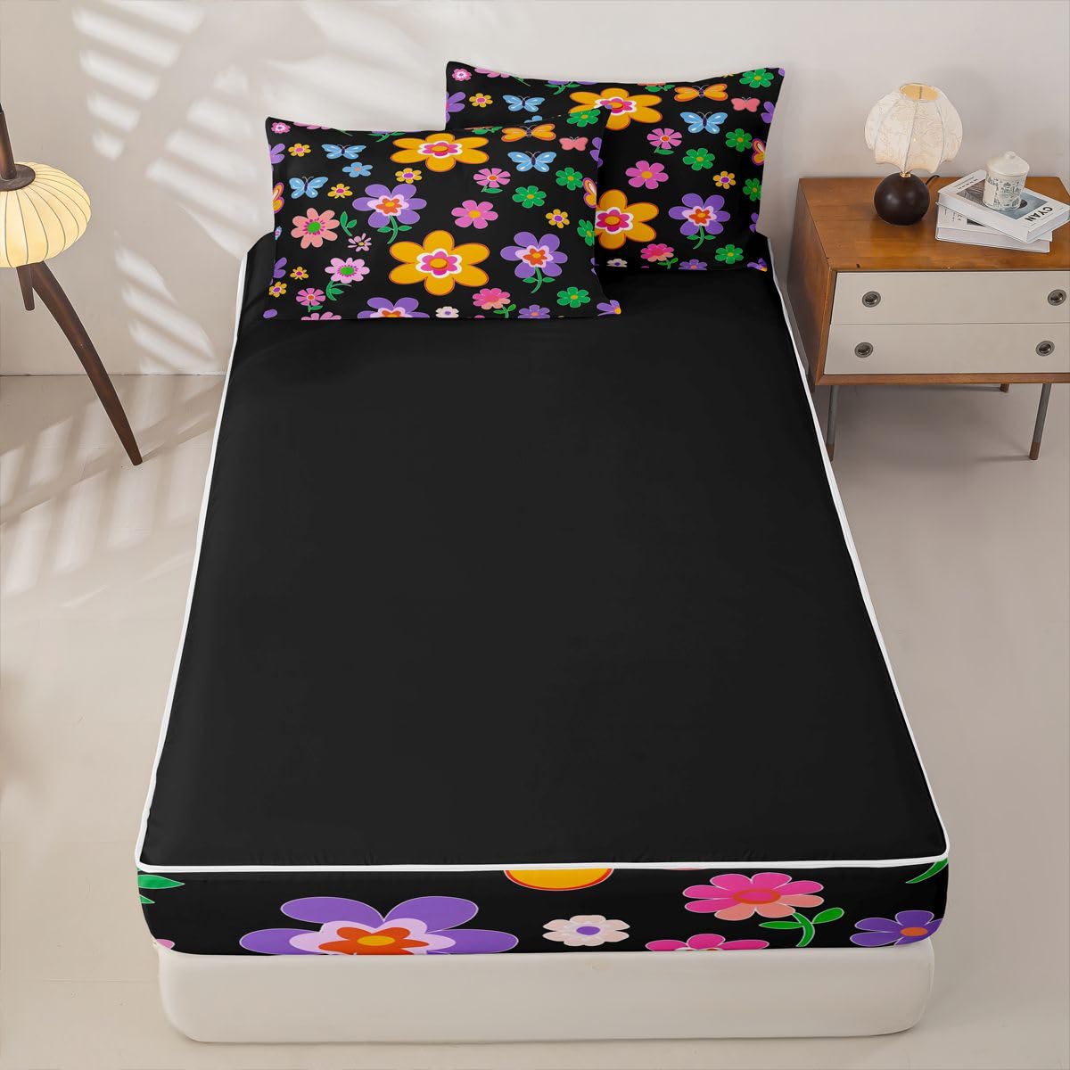 Feelyou Cute Flower Zipper Bedding for Kids Cartoon Botanical Floral Queen Comforter Set with Fitted Sheet 2 Pillowcases Aesthetic Flower Bed in a Bag Soft Lightweight Microfiber