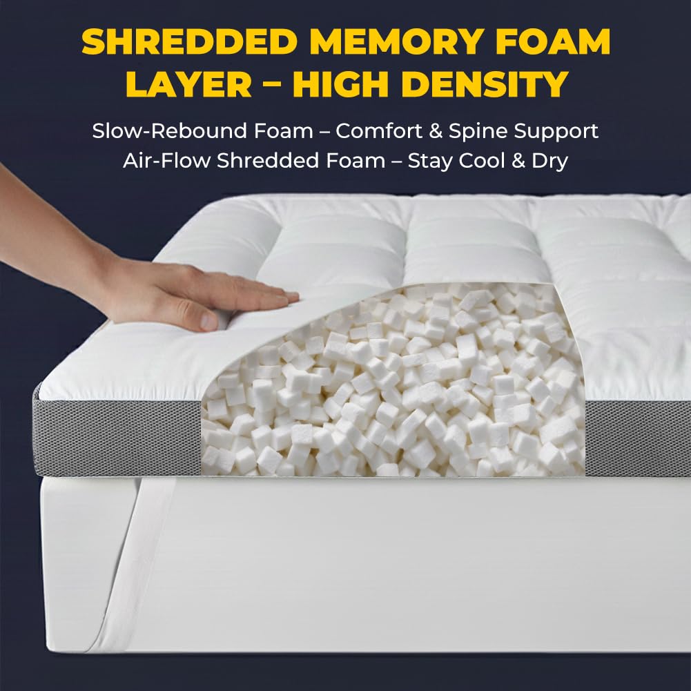 HYPREST 4 Inch Mattress Topper Queen, Thick Cooling Cotton Pillow Top with 2000 GSM Shredded Memory Foam - Soft & Supportive for Back Pain Relief，Non-Slip Bottom