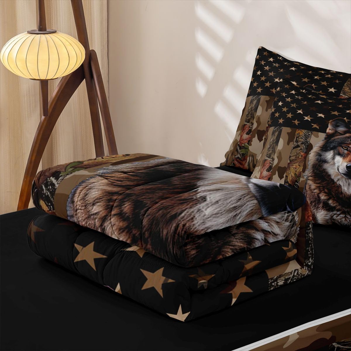jejeloiu Wolf Hunting Camo Zipper Bedding for Kids Rustic Western Wolf Twin Comforter Set with Fitted Sheet 2 Pillowcases American Flag Bed in a Bag Brown Camouflage Soft Lightweight Microfiber