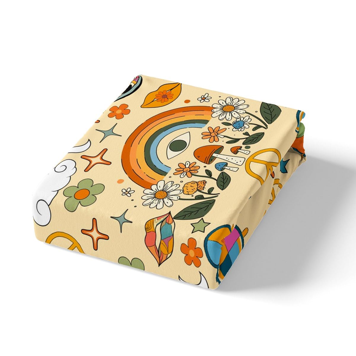 Castle Fairy Retro 70s Hippie Style Bed Sheet Set Twin Size,Mushroom Fitted Sheet + 1 Flat + 1 Pillow Sham,Rainbow Floral Stars Moon Bedding Set for Kids Boys Xmas Gift, Soft Fabric