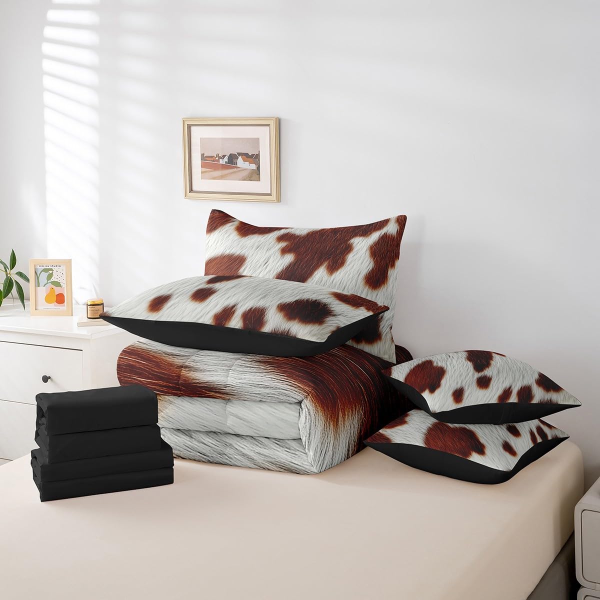Erosebridal Cowhide Bed in A Bag Twin Size Cute Cow Print Kids Comforter Set 7 Piece Western Animal Skin Bedding Set for Boys Teens Adult Bedroom Decor Wildlife Cowboy Farmhouse Sheets
