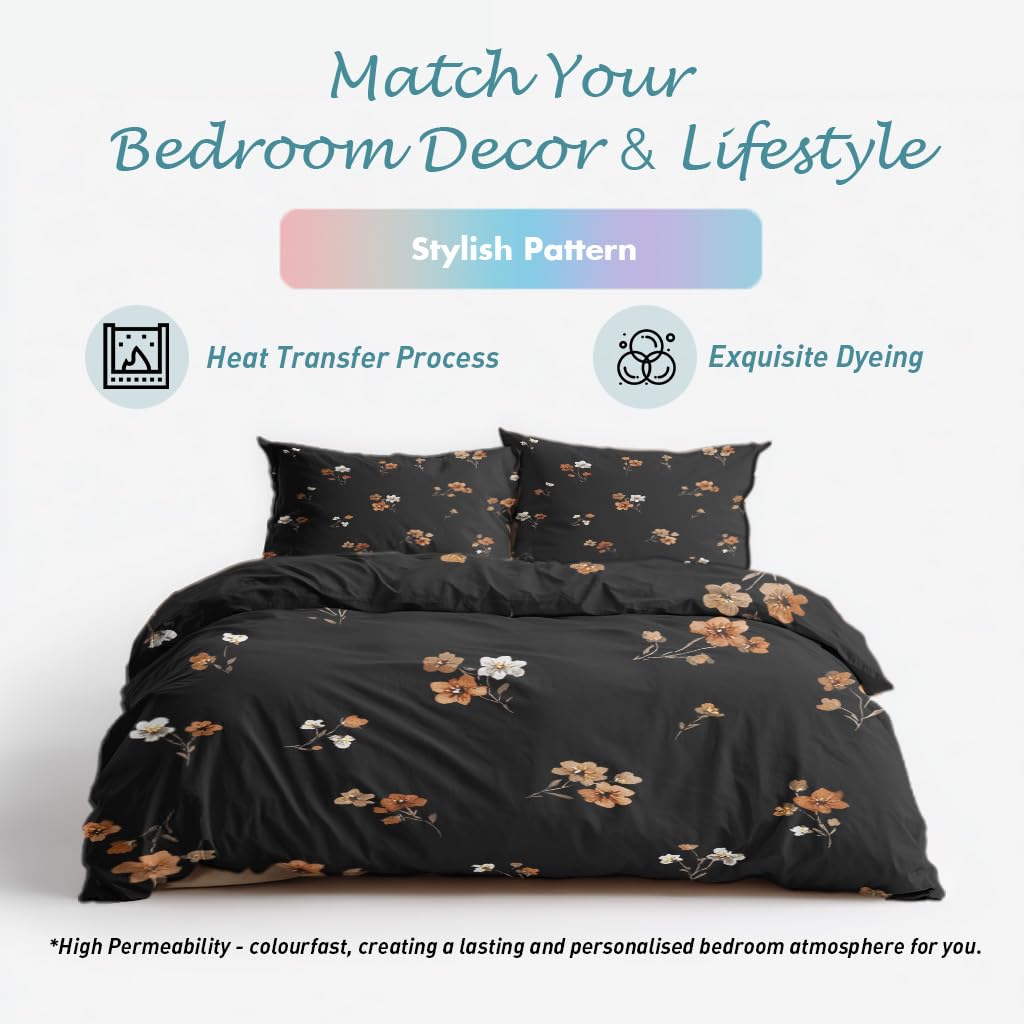 Black Floral King Size Duvet Cover Set 3 Piece, Botanical Flower Reversible Bedding with 2 Pillow Shams, Zipper & Ties, Ultra Soft Microfiber, Floral Bedroom Decorations 51A-I