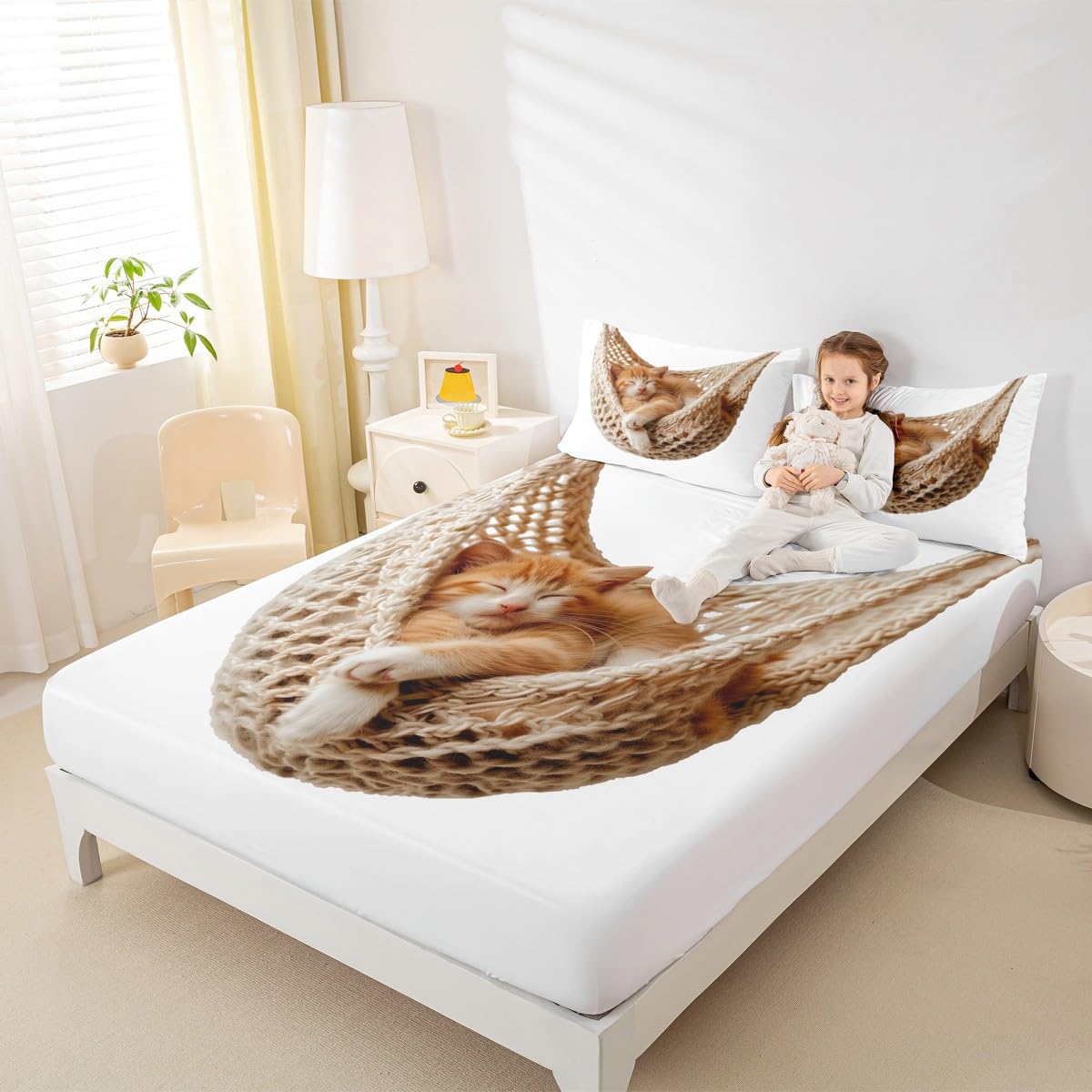 jejeloiu Cats Print Fitted Sheet with 1 Pillowcase Twin Size Animal Bed Sheets Set 16" Deep Pocket Boys Girls White Brown Bedding Cute Kitten Teens Bedroom Decor Breathable Lightweight Microfiber