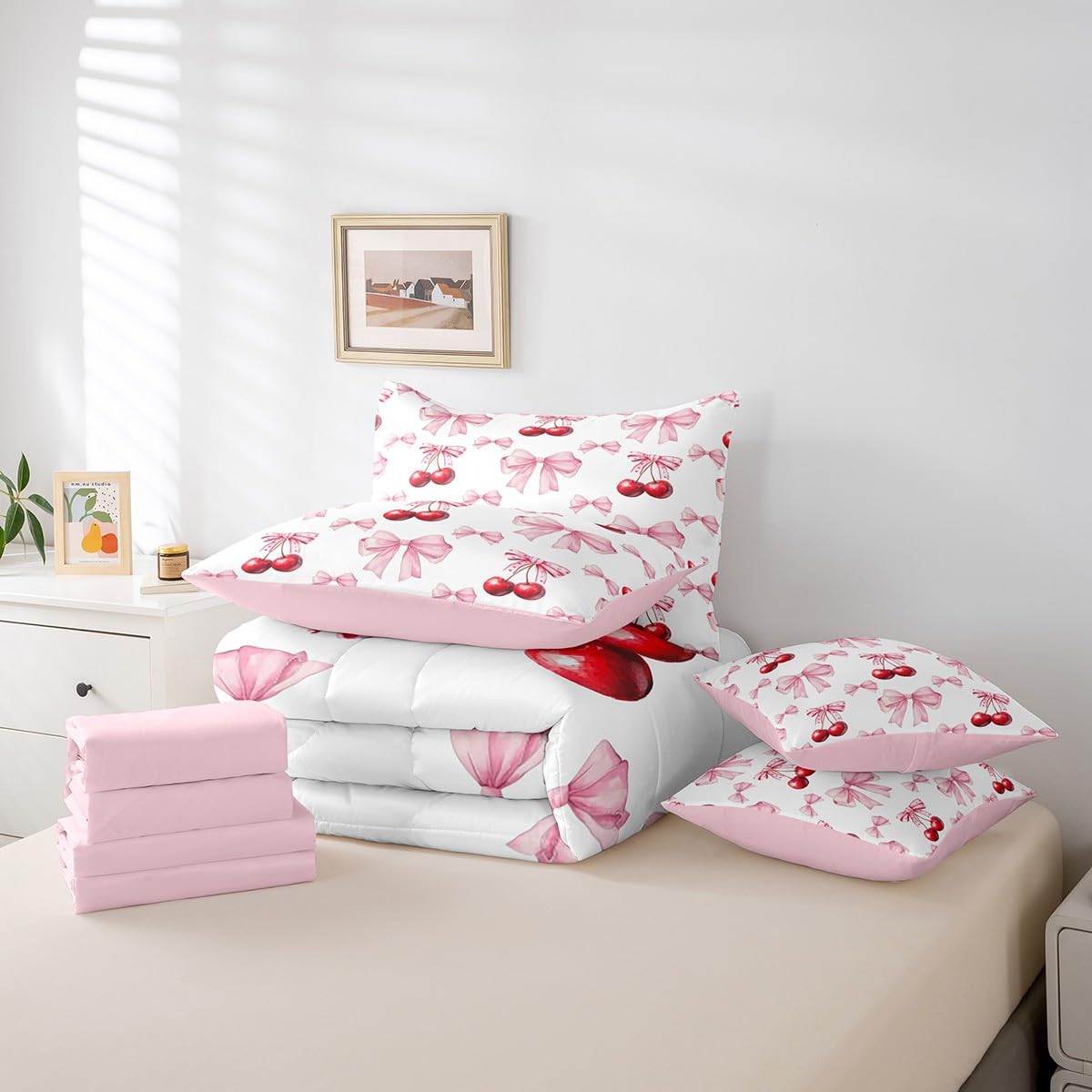 Erosebridal 7 Pcs Cherry Bowknot Kids Comforter Set King Bed in a Bag,Princess Bow Bedding Set for Girls Girlfriend,Girly Red Cherries Duvet Set,Romantic Valentine Bow Tie Geometric Sheet Set