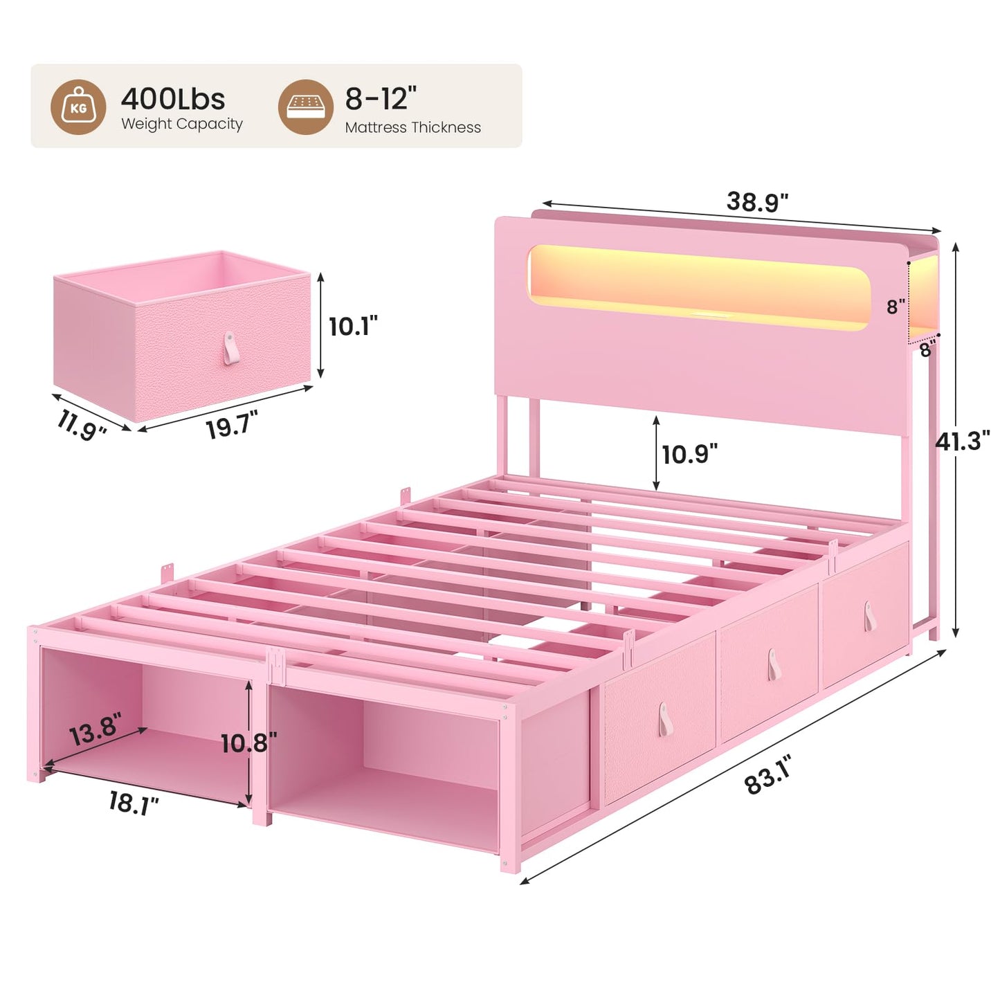 ADORNEVE Twin Bed Frame with 6 Drawers & LED Lights for Girls, Pink