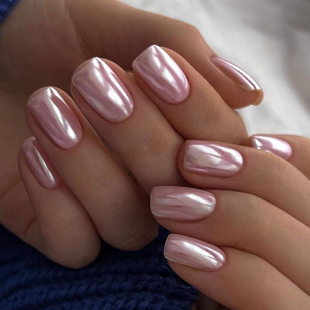 Chrome Square Press on Nails Short Nude Mirror Fake Nails Glossy Natural False Nails with Designs Soft Gel Nails Full Cover Acrylic Nails Stick on Nails for Women and Girls 24 Pcs
