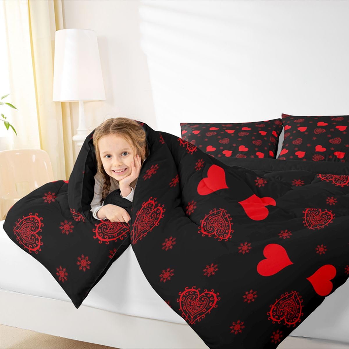 Erosebridal Romantic Love Comforter Set Queen Size Paisley Love Heart Bedding Set for Girls Women Valentine Day Comforter for Couples Bedroom Red and Black Quilt Duvet All Season