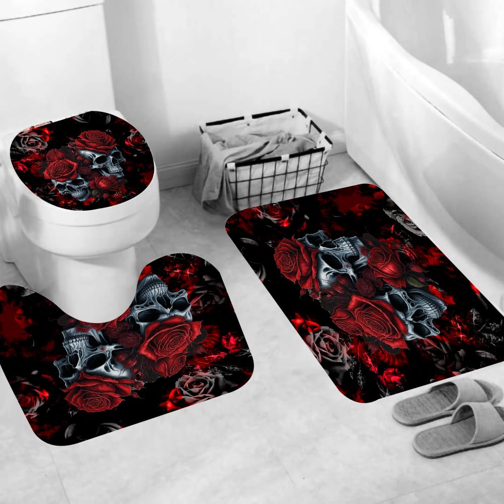 RinRinfam 4Pcs Skull Shower Curtain Set, Helloween Red Rose Skull Shower Curtain Set Non-Slip Rug,Toilet Lid Cover,U Shape Mat,Waterproof Bathroom Decor Sets with 12 Hooks,Red Black